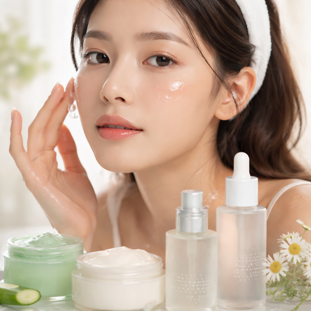 피부에 수분과 영양을 공급하는 K-뷰티 스킨케어 단계별 제품 사용 모습